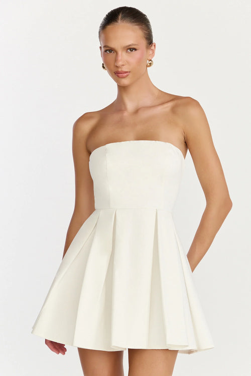 Avery Mini Dress - Strapless Fitted Bodice Full Pleated Skirt Dress in Off White
