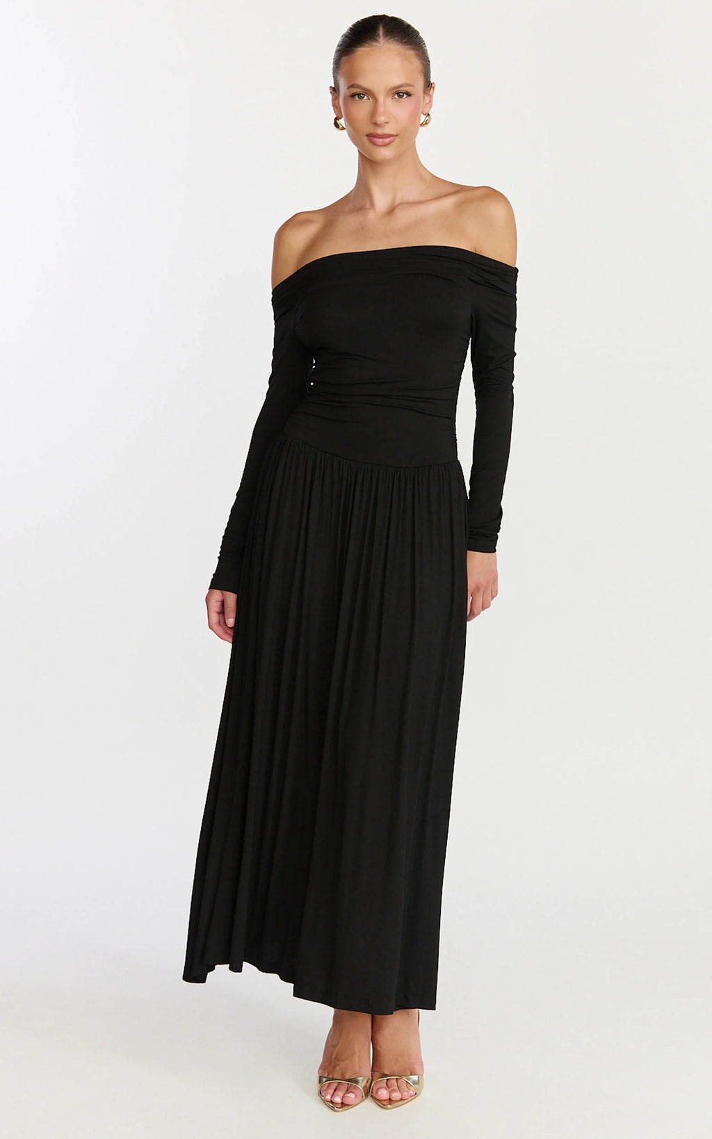 Antonia Midi Dress - Off The Shoulder Long Sleeve Dress in Black