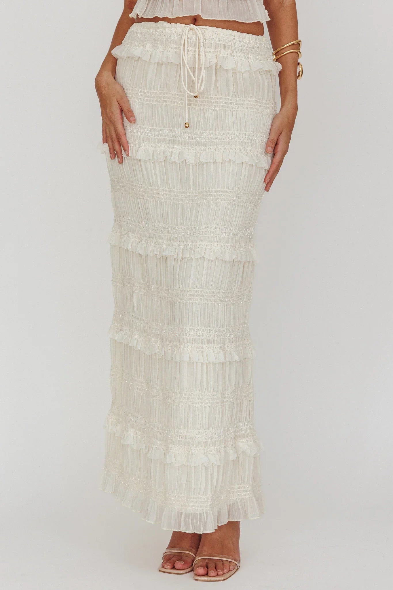 Helios Shirred Sequin Maxi Skirt Beige