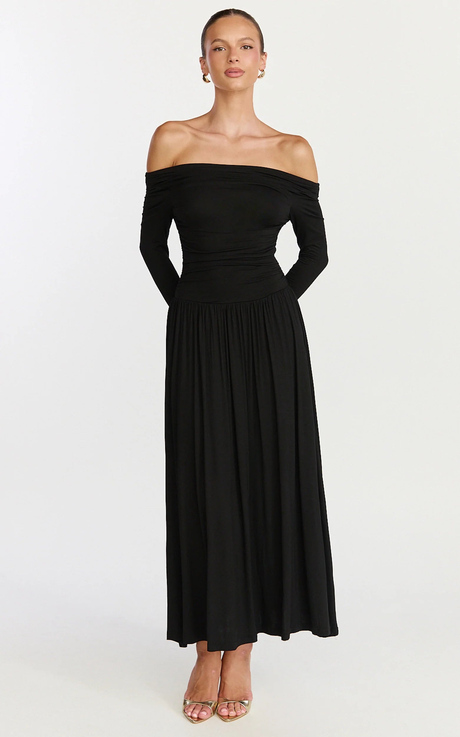 Antonia Midi Dress - Off The Shoulder Long Sleeve Dress in Black