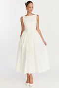 Casina Midi Dress - Boat Neck Tie Back Fit And Flare Dress in Off White