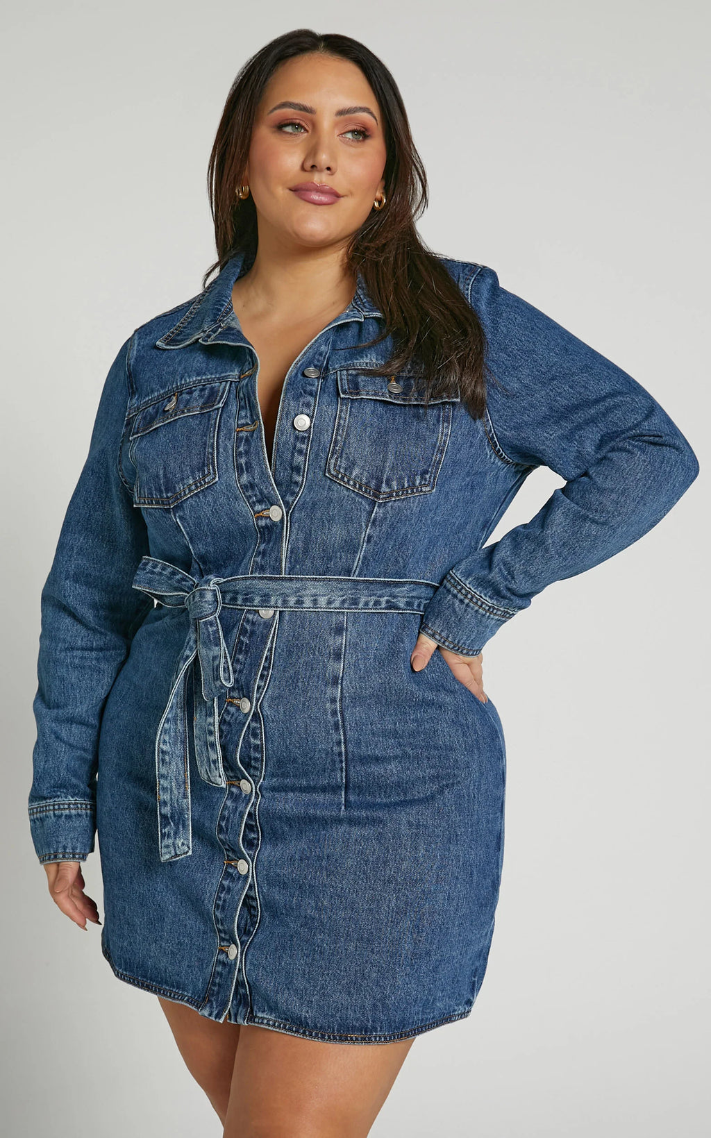 Enriquetta Mini Dress - Cotton Denim Long Sleeve Button Up Dress in Blue