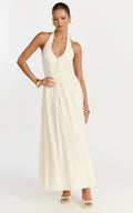 Everly Midi Dress - Tie Halter Neck Button Down Bodice Fit And Flare Dress in Cream