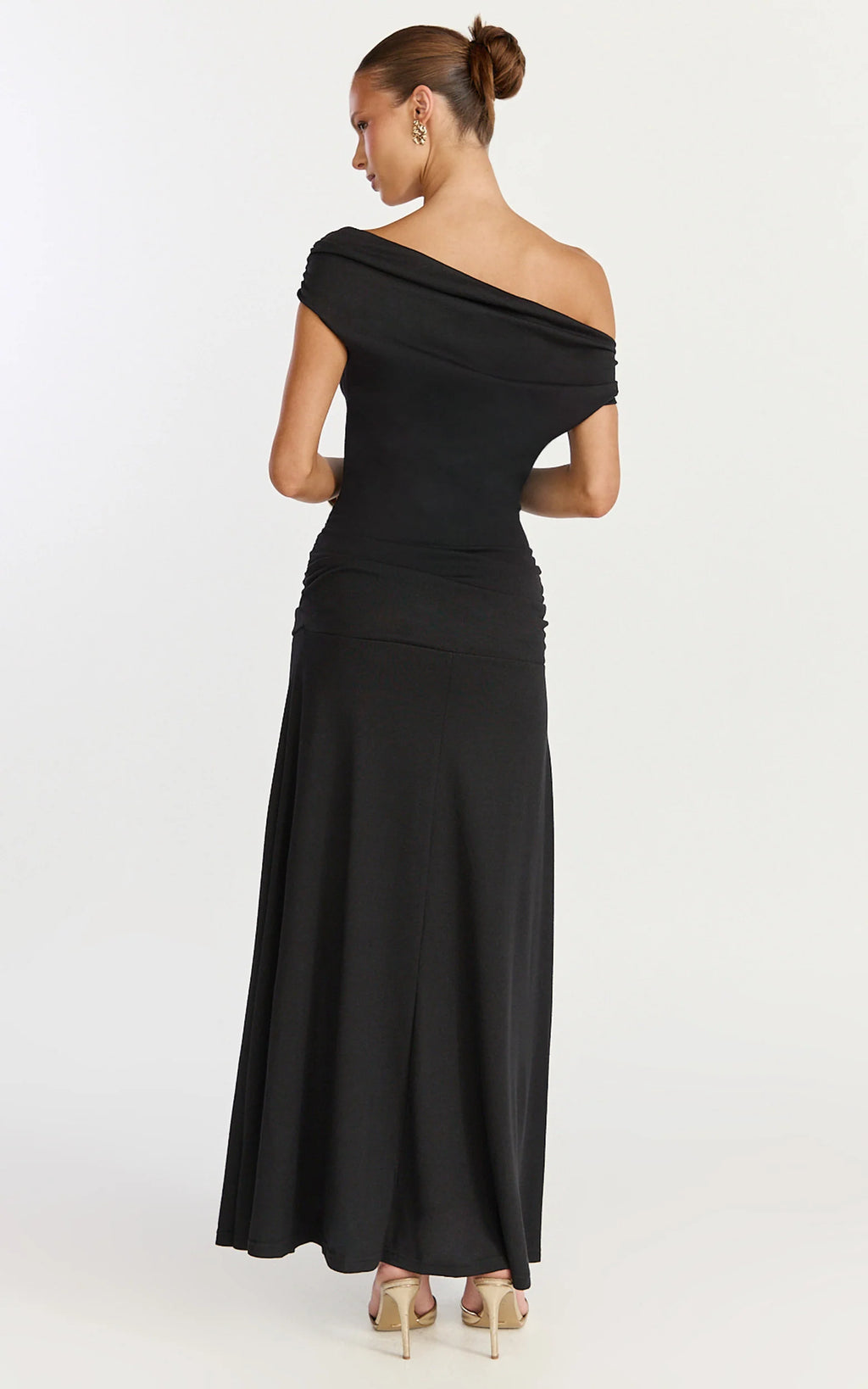 Ophelia Maxi Dress - Off Shoulder Ruched Fit And Flare Dress in Black