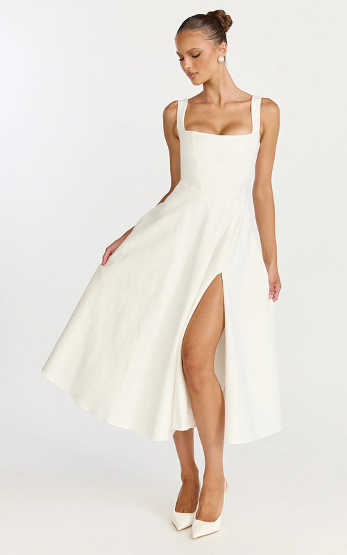 Bernie Midi Dress - Square Neck Strapped Full Circle Skirt Dress in White
