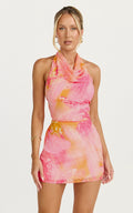 Elouise Mini Dress - Halter Cowl Neck Dress in Hot House Orchid Print