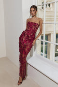 Sienna Maxi Dress - 3D Floral Strapless Column Dress in Wine
