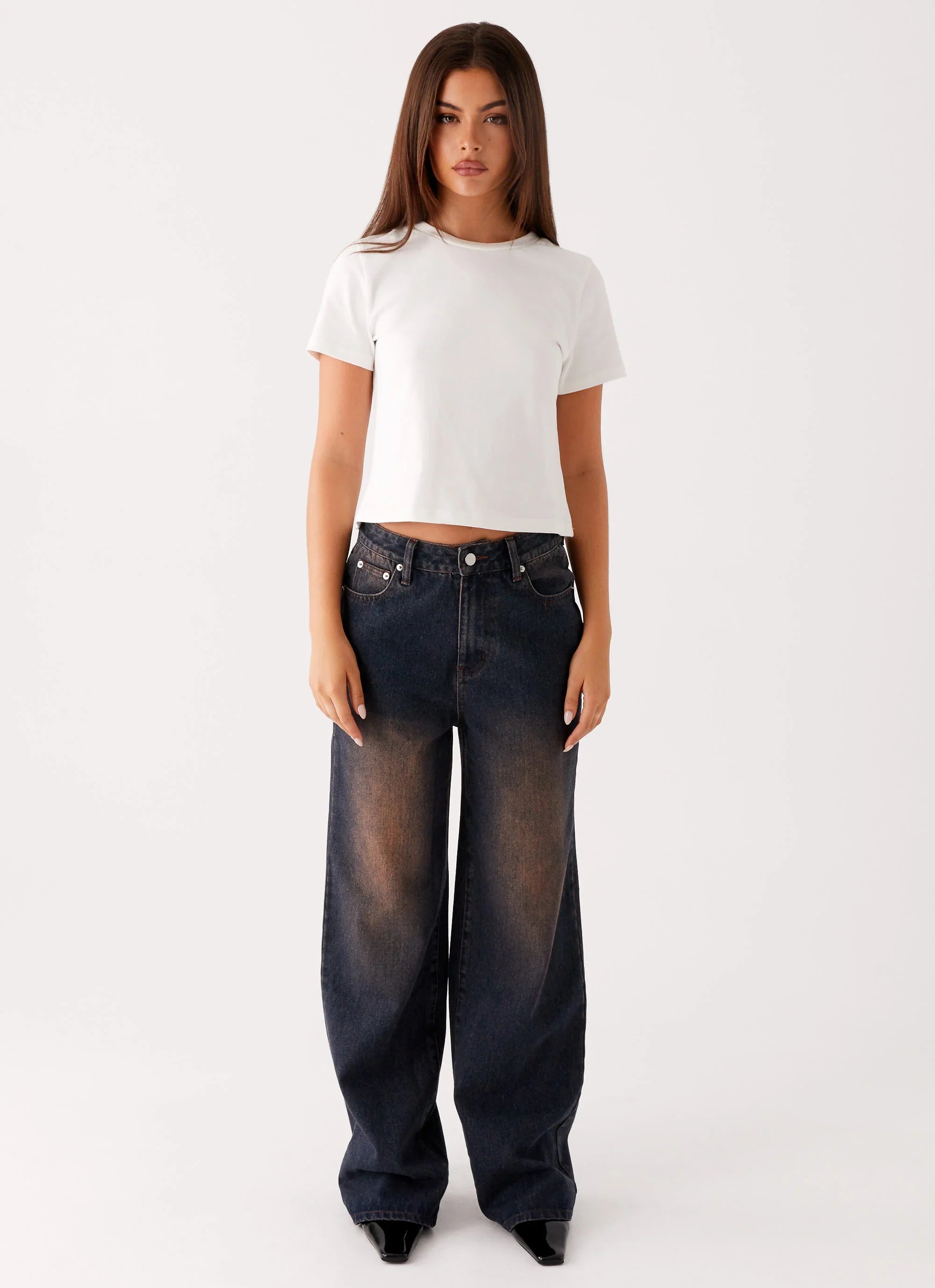 Back Again Straight Leg Denim Jeans - Brown Blue Acid Wash