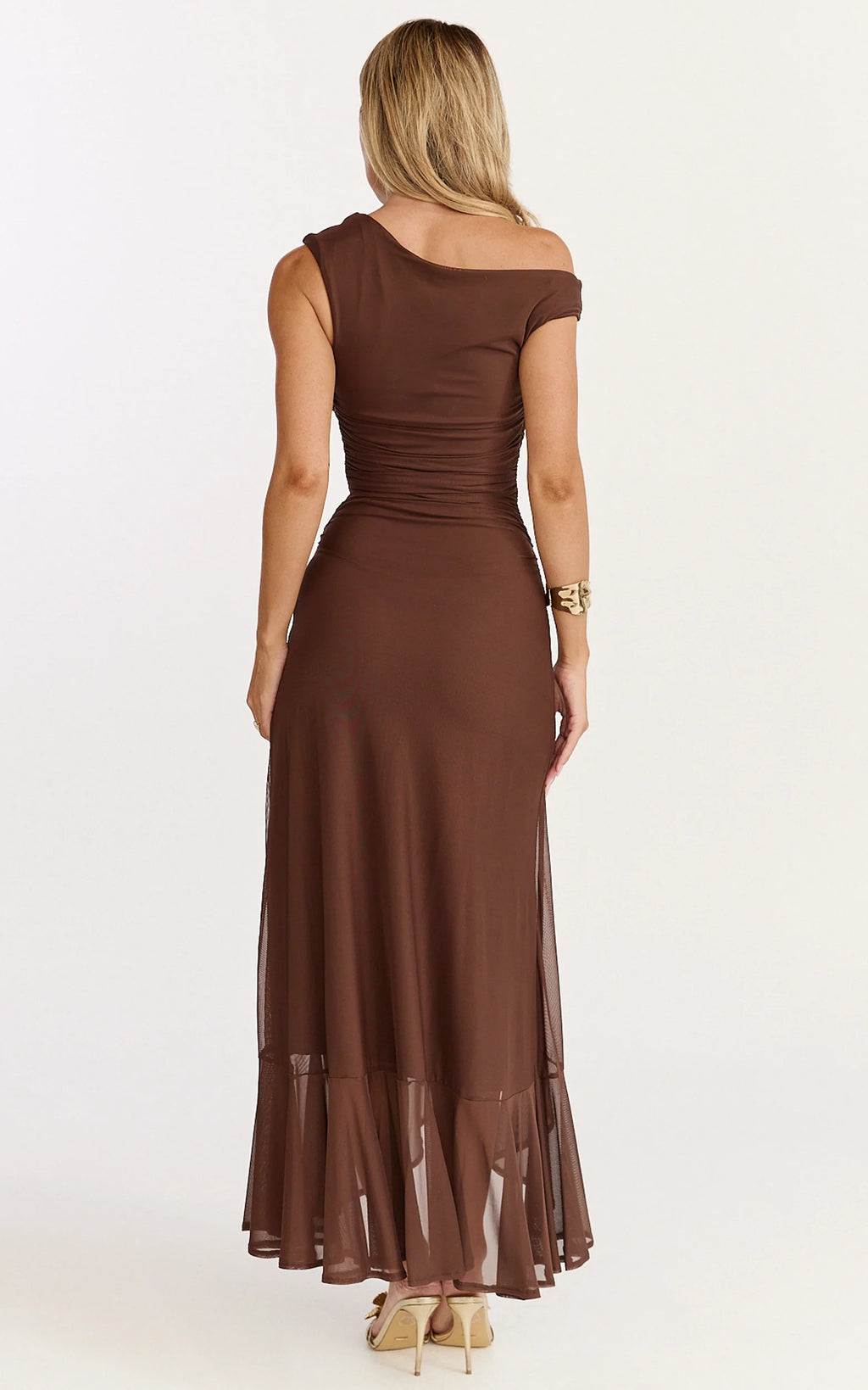 Judee Midi Dress - One Shoulder High Side Split Dress in Chocolate