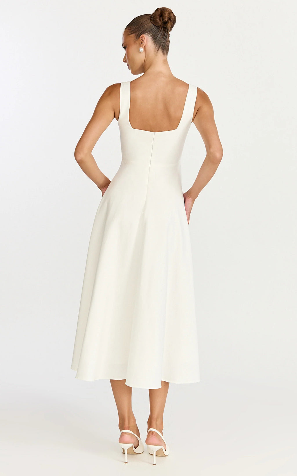 Bernie Midi Dress - Square Neck Strapped Full Circle Skirt Dress in White