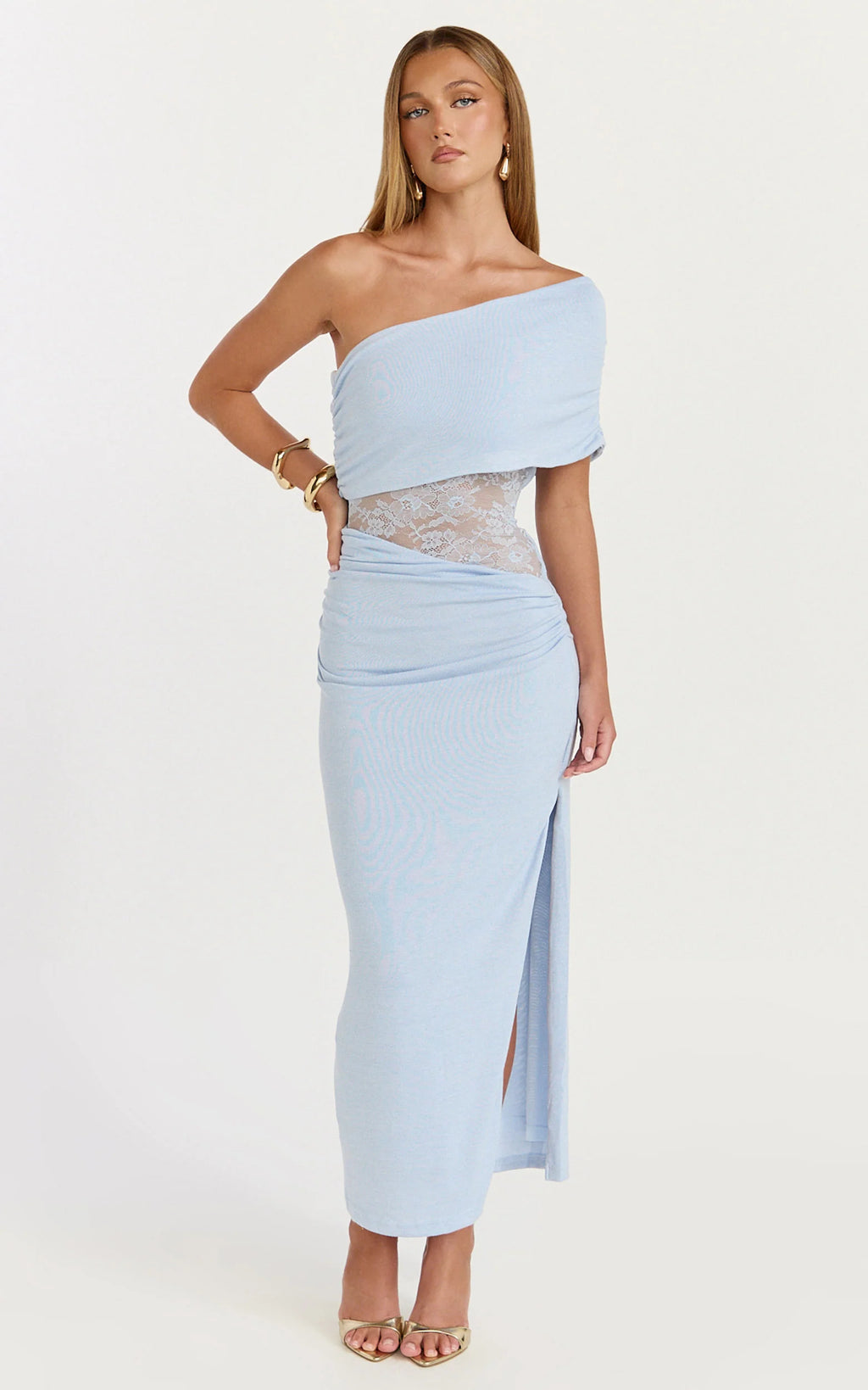 Juliet Midi Dress - One Shoulder Lace Contrast Bodycon Dress in Blue