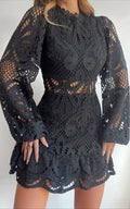 Kiss Me Now Mini Dress - Long Puff Sleeve Dress in Black Lace