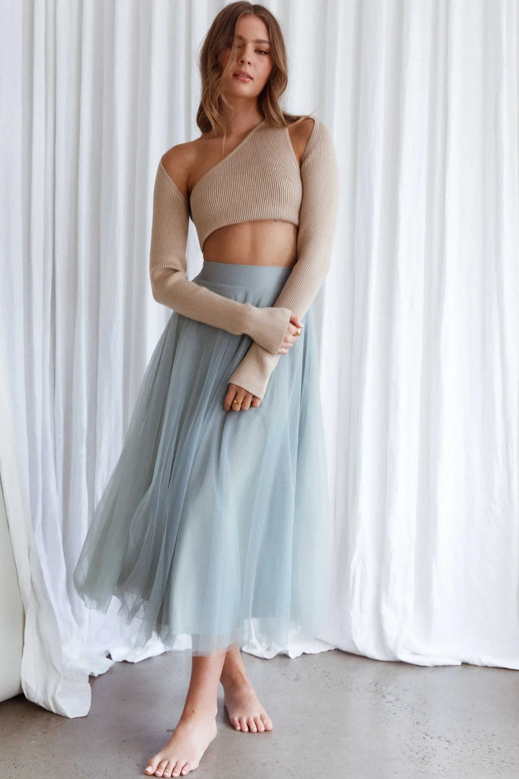 Jasmine Organza Mesh Elasticated Waist Midi Skirt Sage