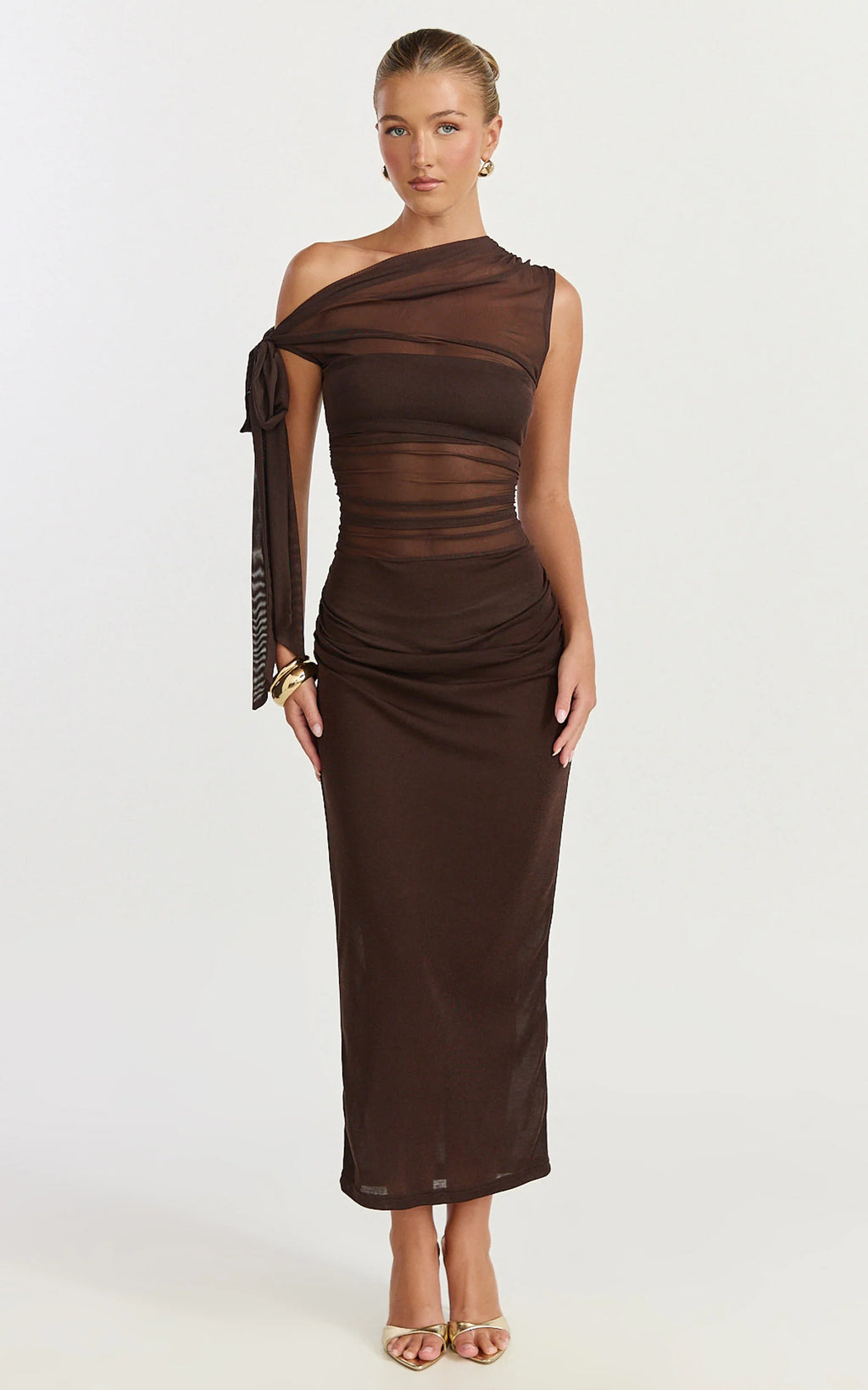Astrid Midi Dress - Asymmetrical Off Shoulder Tie Detail Dress in Chocolate