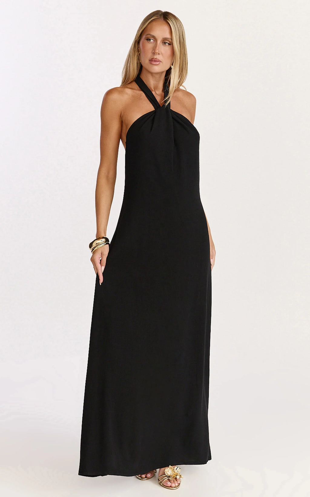 Hilda Maxi Dress - Knot Detail Halter Neck Maxi Dress in Black