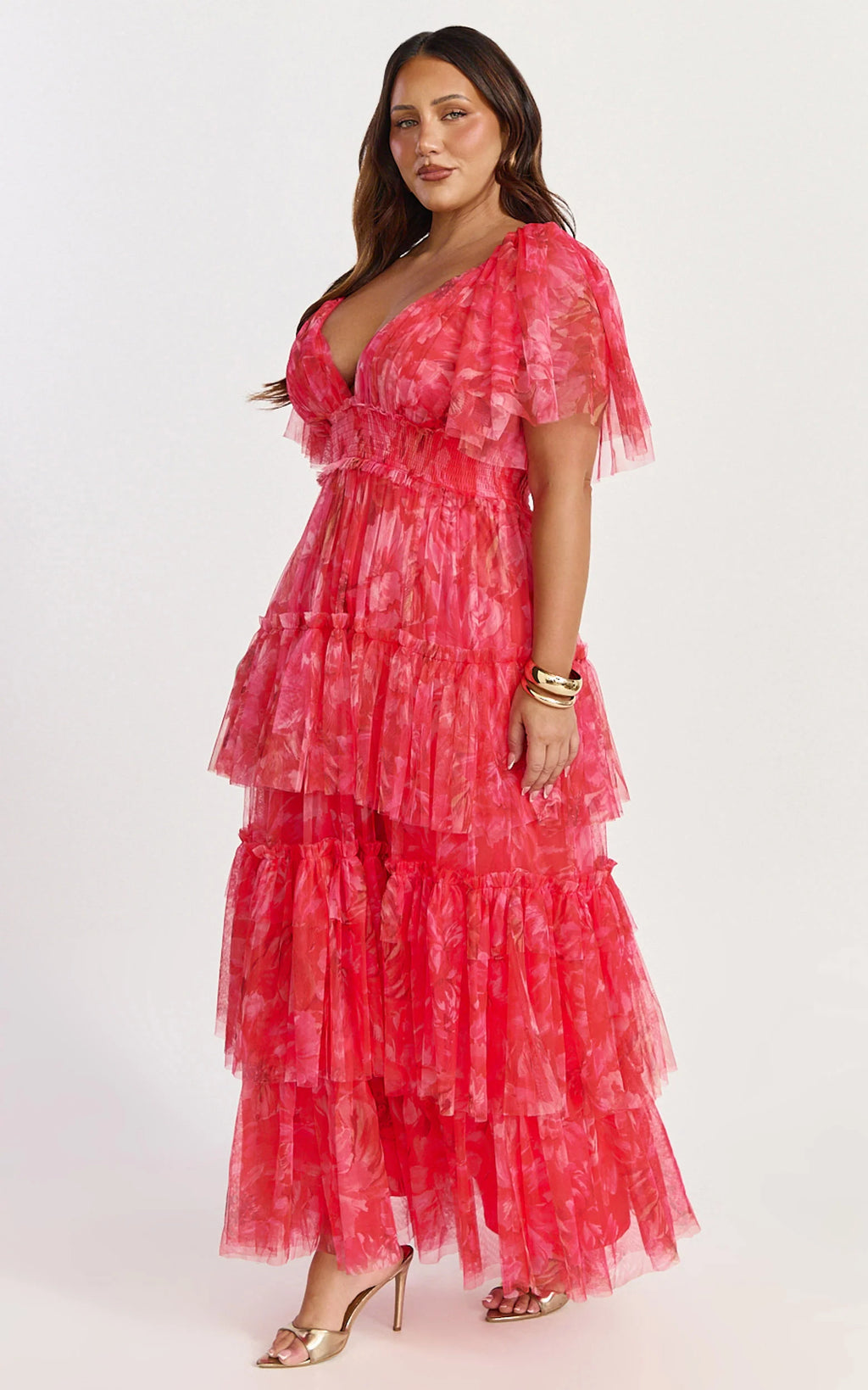 Leianna Midi Dress - Tulle Flutter Sleeve Tiered Ruffle Dress in Sunset Floral