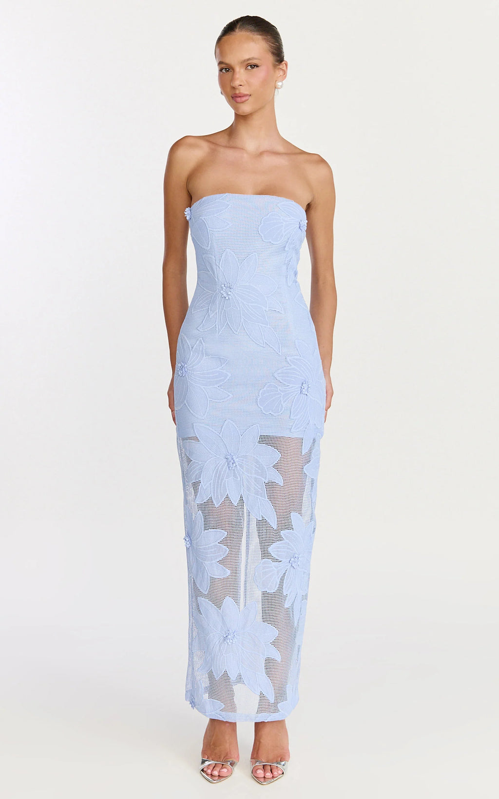 Sienna Midi Dress - Strapless Floral Embroidered Bodycon Dress in Blue