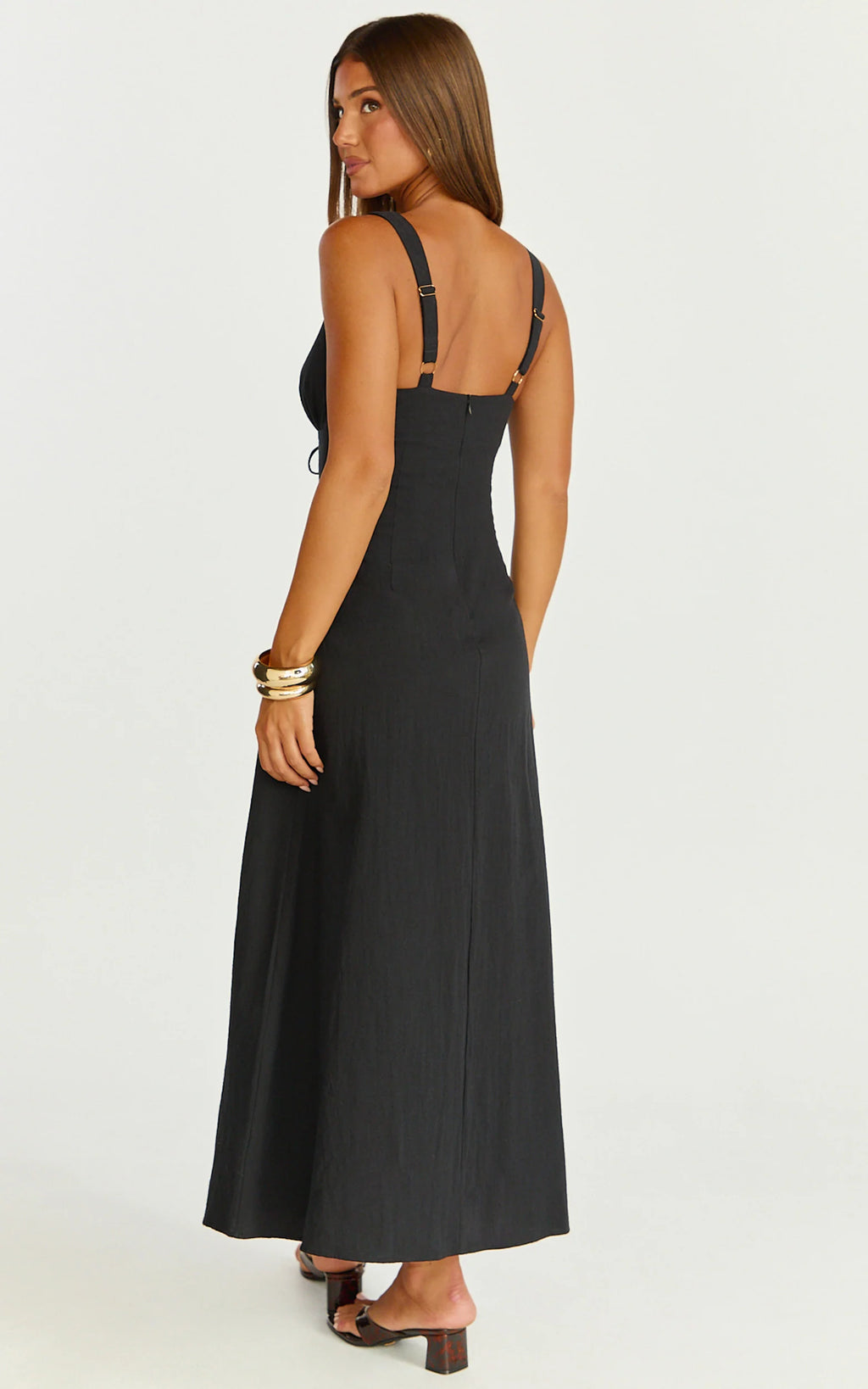 Silvena Midi Dress - Plunge Neckline Tie Front A Line Dress in Black