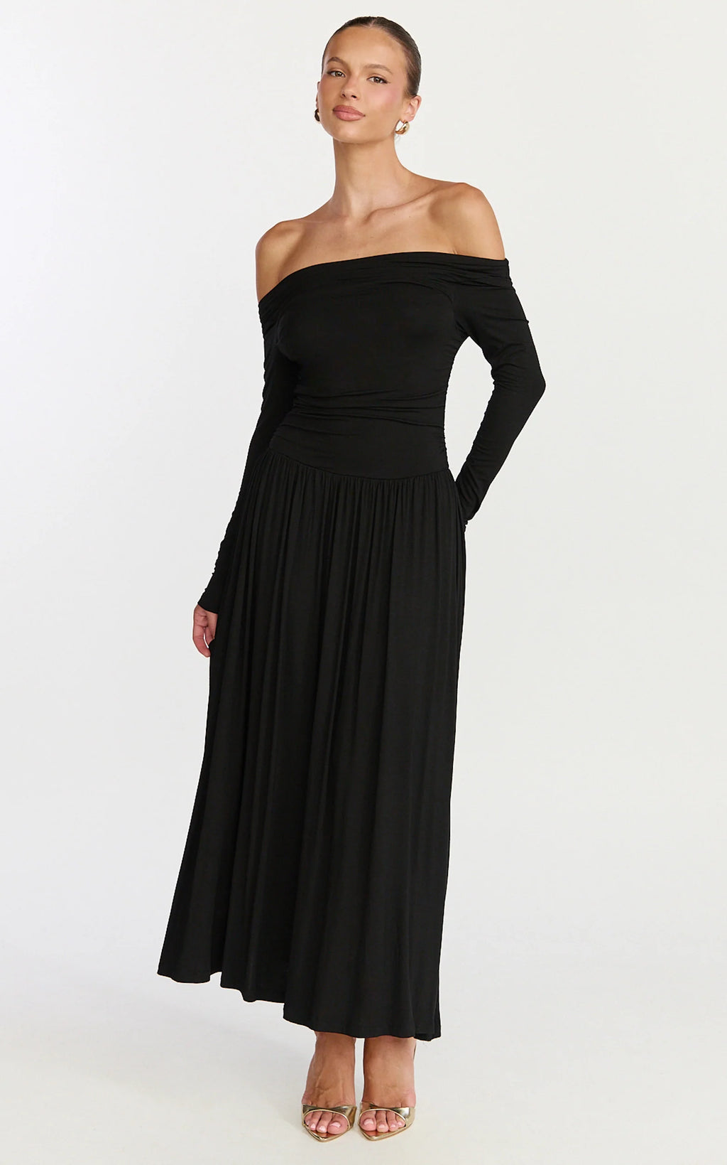 Antonia Midi Dress - Off The Shoulder Long Sleeve Dress in Black